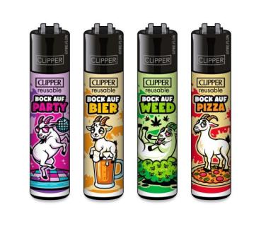 Clipper CLASSIC Large – „Bock auf“ 4er Set mit Party, Bier, Weed und Pizza; nachfüllbar, Softflame, Stopfhilfe.